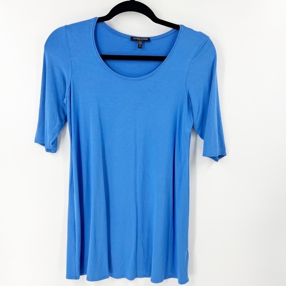 ✅Eileen Fisher Horizon Blue Fine Tencel Scoop Neck 3/4 SLEEVE Tunic PETITE SMALL